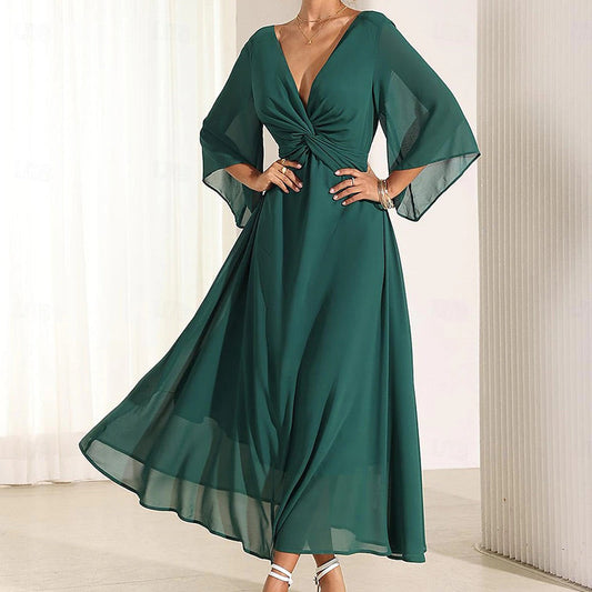 Women's Elegant Chiffon Twisted Dress with V-Neck & Flared Sleeve